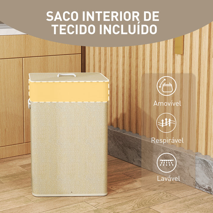 Cesto de Roupa com Tampa 72L Cesto de Roupa de Bambu com Bolsa Interior Removível e Alças para Lavandaria Dormitório 40x30x60 cm Bege e Creme