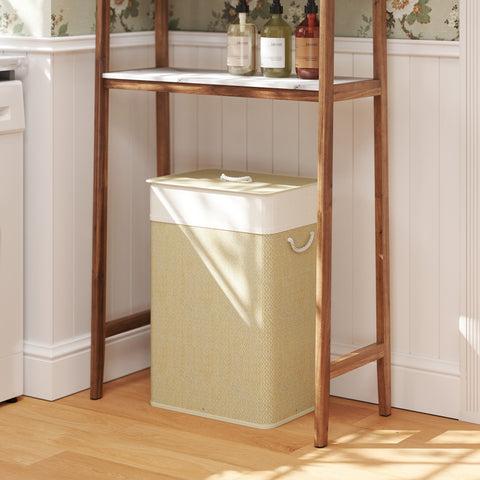Cesto de Roupa com Tampa 72L Cesto de Roupa de Bambu com Bolsa Interior Removível e Alças para Lavandaria Dormitório 40x30x60 cm Bege e Creme