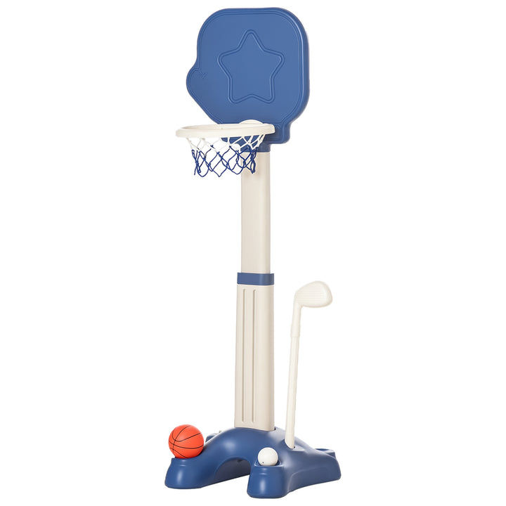 Cesta de Basquetebol 2 em 1 Jogo de Golf para Crianças acima de 2 Anos Aro com Altura Ajustável de 83-120cm Bolas e Taco de Golf 46x41x116-153cm Azul e Branco