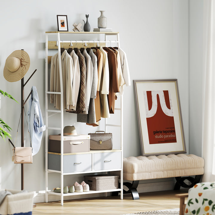 Móvel Cabide de Entrada com Banco Sapateira 8 Ganchos 2 Gavetas de Tecido Barra Prateleira de Rede Estilo Industrial para Corredor Quarto Sala de Estar 80x30x180,5 cm Branco e Madeira