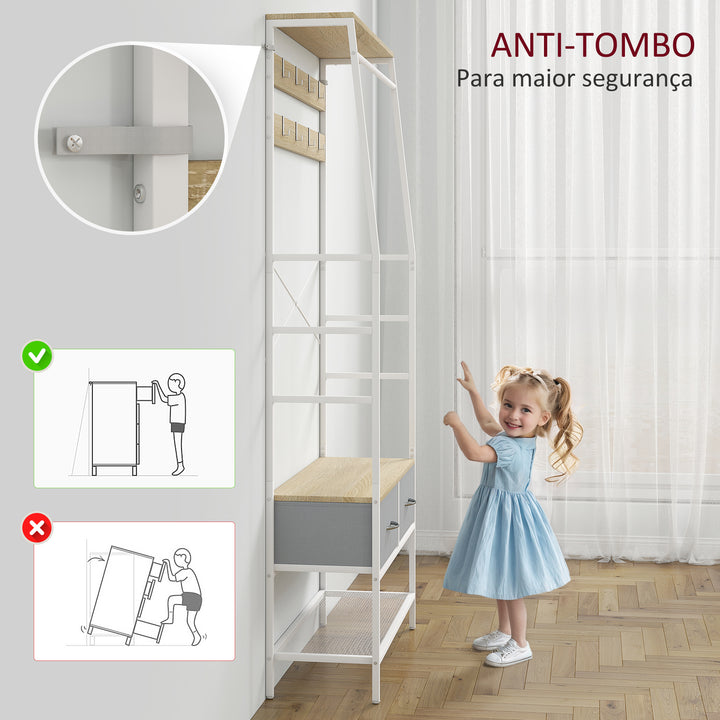 Móvel Cabide de Entrada com Banco Sapateira 8 Ganchos 2 Gavetas de Tecido Barra Prateleira de Rede Estilo Industrial para Corredor Quarto Sala de Estar 80x30x180,5 cm Branco e Madeira