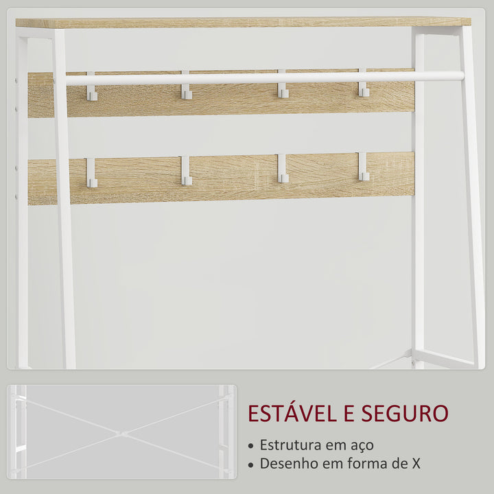 Móvel Cabide de Entrada com Banco Sapateira 8 Ganchos 2 Gavetas de Tecido Barra Prateleira de Rede Estilo Industrial para Corredor Quarto Sala de Estar 80x30x180,5 cm Branco e Madeira