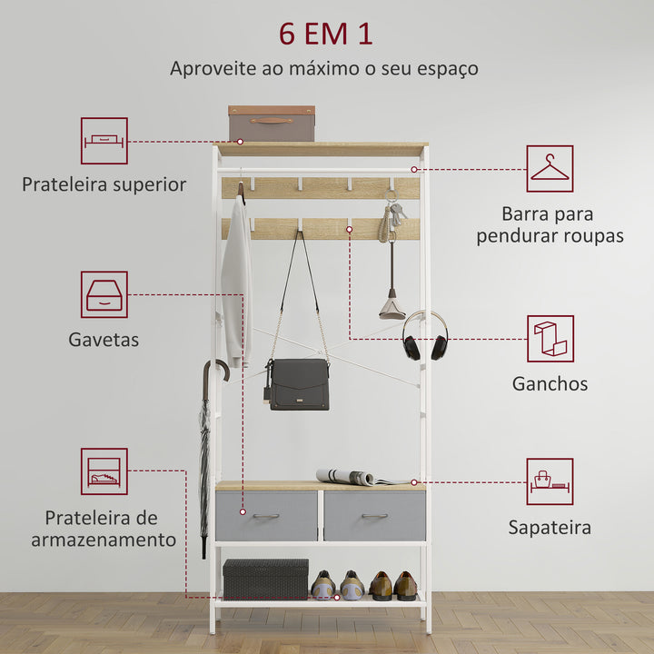 Móvel Cabide de Entrada com Banco Sapateira 8 Ganchos 2 Gavetas de Tecido Barra Prateleira de Rede Estilo Industrial para Corredor Quarto Sala de Estar 80x30x180,5 cm Branco e Madeira