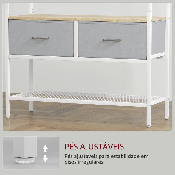 Móvel Cabide de Entrada com Banco Sapateira 8 Ganchos 2 Gavetas de Tecido Barra Prateleira de Rede Estilo Industrial para Corredor Quarto Sala de Estar 80x30x180,5 cm Branco e Madeira
