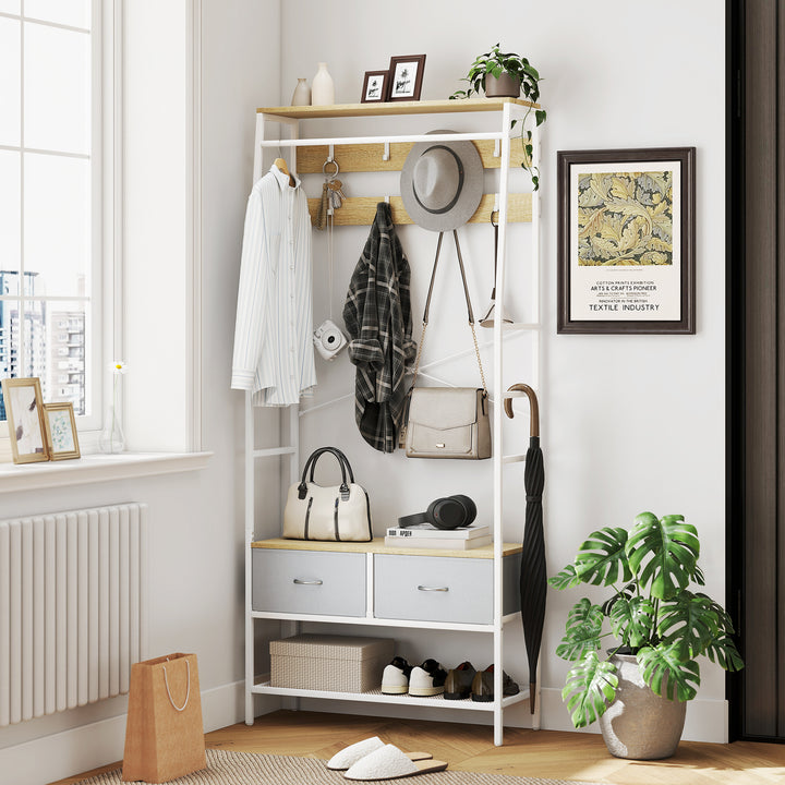 Móvel Cabide de Entrada com Banco Sapateira 8 Ganchos 2 Gavetas de Tecido Barra Prateleira de Rede Estilo Industrial para Corredor Quarto Sala de Estar 80x30x180,5 cm Branco e Madeira