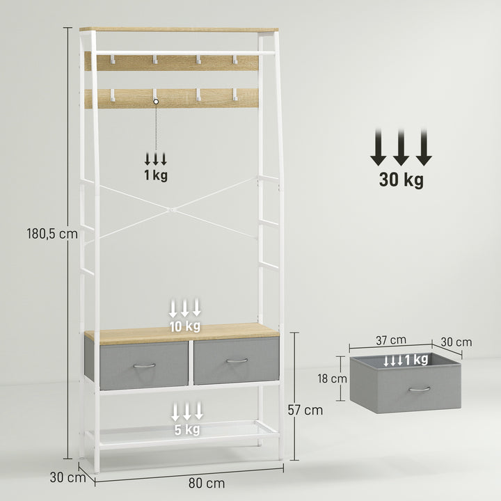 Móvel Cabide de Entrada com Banco Sapateira 8 Ganchos 2 Gavetas de Tecido Barra Prateleira de Rede Estilo Industrial para Corredor Quarto Sala de Estar 80x30x180,5 cm Branco e Madeira