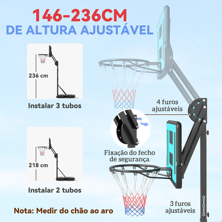 Tabela de Basquetebol Ajustável de 146-236 cm Tabela de Basquetebol Portátil com Rodas e Base Preenchível com Água ou Areia Tabela Inquebrável Preto