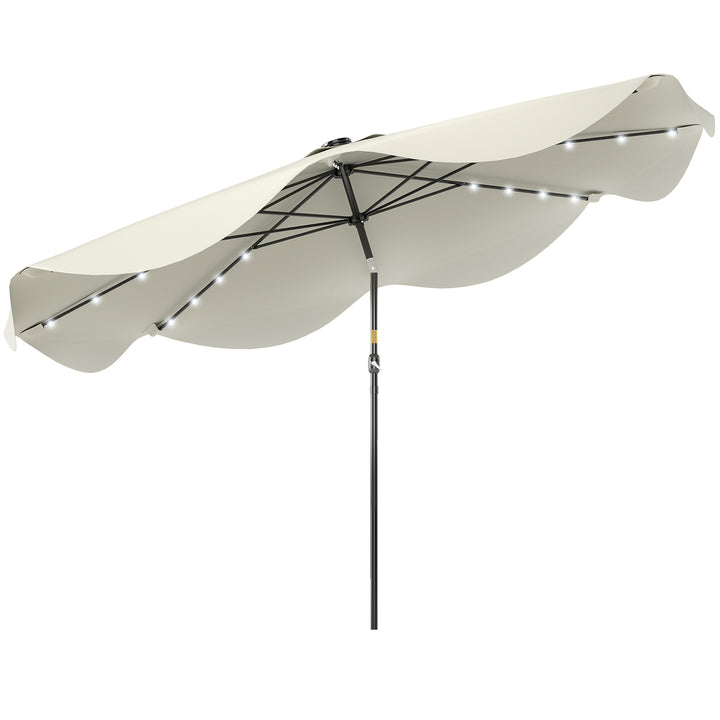 Chapéu de Sol de Jardim Ø292x248 cm Chapéu de Sol com Manivela 32 Luzes LED Solares e 8 Hastes para Pátio Varanda Exterior Creme