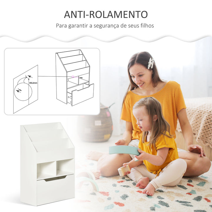 Estante de Madeira para Brinquedos com 3 Compartimentos 2 Cubos e Gaveta Móvel com 4 Rodas Estante para Livros Infantil para Dormitório Infantil Sala de Jogos 60x29,9x90cm Branco