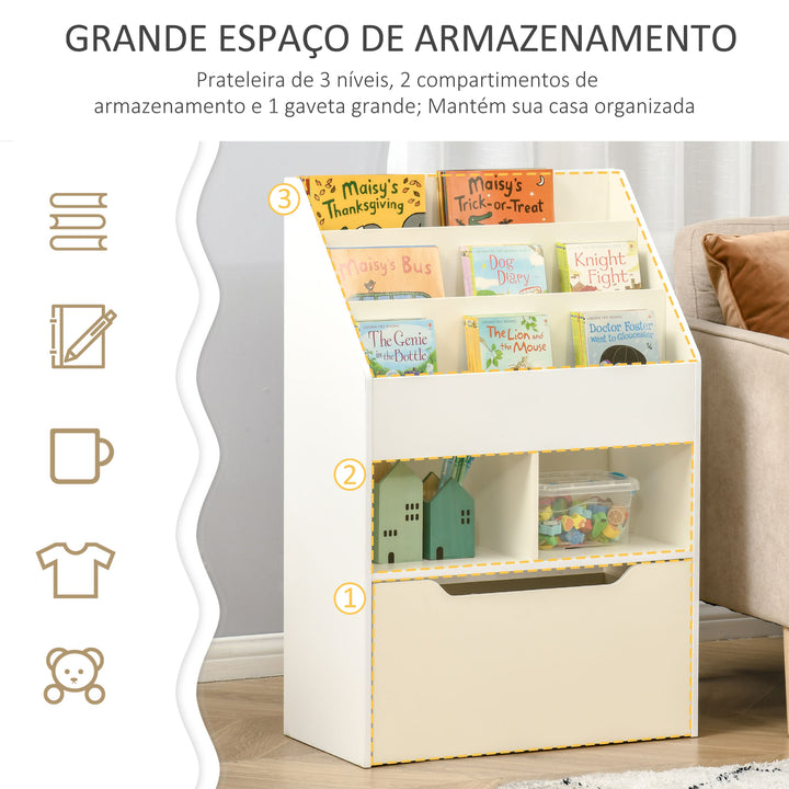 Estante de Madeira para Brinquedos com 3 Compartimentos 2 Cubos e Gaveta Móvel com 4 Rodas Estante para Livros Infantil para Dormitório Infantil Sala de Jogos 60x29,9x90cm Branco