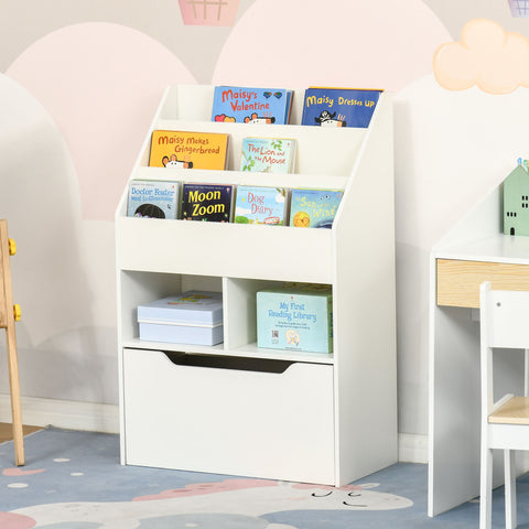 Estante de Madeira para Brinquedos com 3 Compartimentos 2 Cubos e Gaveta Móvel com 4 Rodas Estante para Livros Infantil para Dormitório Infantil Sala de Jogos 60x29,9x90cm Branco