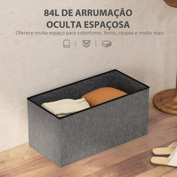 Baú de Armazenamento para Dormitório 84L Puff de Armazenamento Dobrável Estofado em Linho Sintético com Tampa para Sala de Estar 76x38x38 cm Cinza Escuro