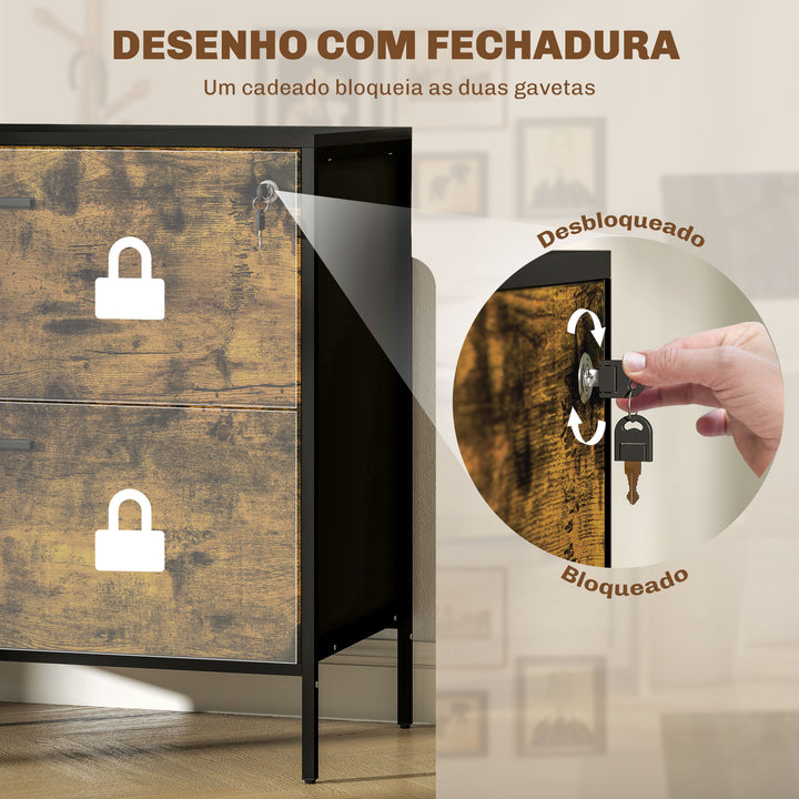 Móvel Arquivo para Escritório com 2 Gavetas Bloco de Gavetas para Arquivos com Fechadura para Pastas Suspensas Tamanho A4 e Carta 80x39x73,5 cm Preto e Marrom