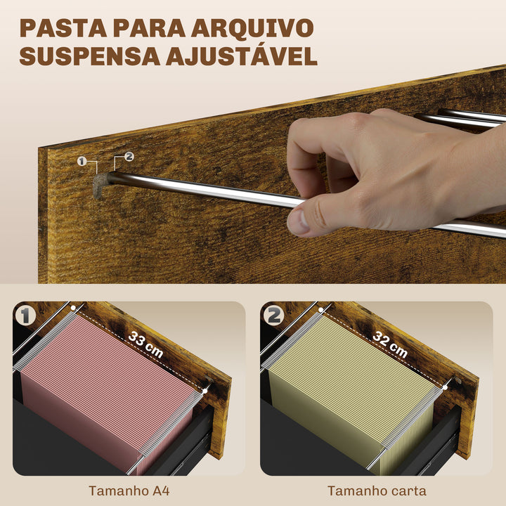 Móvel Arquivo para Escritório com 2 Gavetas Bloco de Gavetas para Arquivos com Fechadura para Pastas Suspensas Tamanho A4 e Carta 80x39x73,5 cm Preto e Marrom