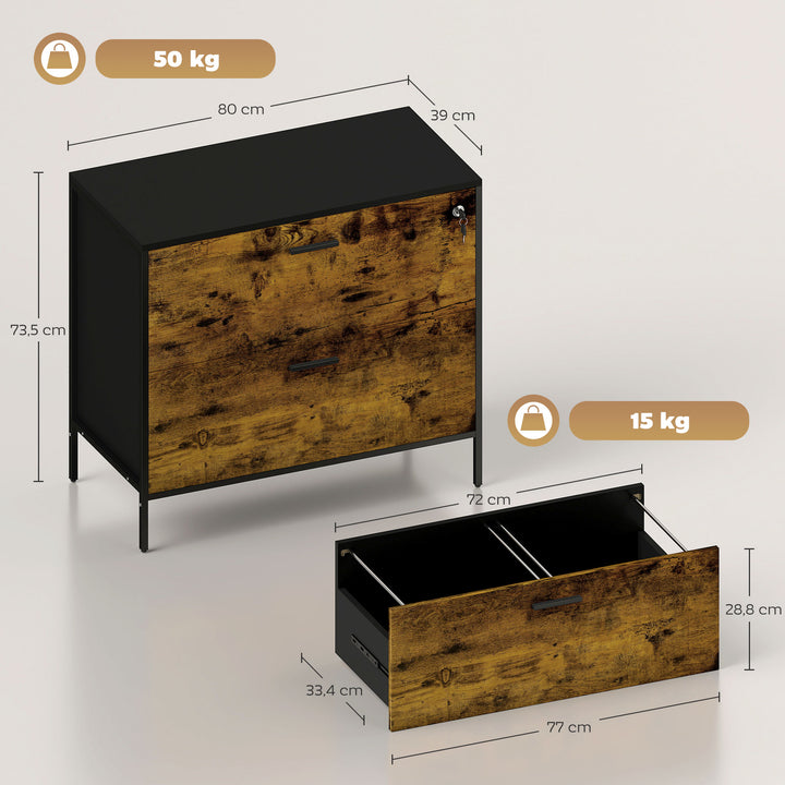 Móvel Arquivo para Escritório com 2 Gavetas Bloco de Gavetas para Arquivos com Fechadura para Pastas Suspensas Tamanho A4 e Carta 80x39x73,5 cm Preto e Marrom