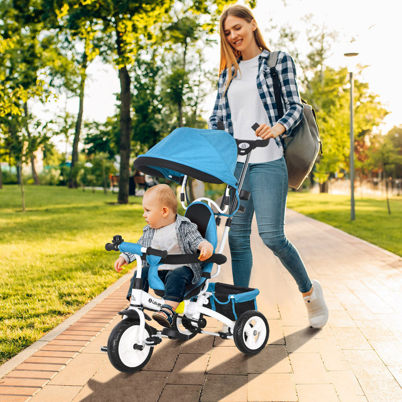 Triciclo para Bebés 2 em 1 Triciclo Evolutivo para Crianças de +12 Meses com Toldo Dobrável Guiador Telescópico e Removível Cinto de Segurança e Cesto 95x50x106 cm Azul