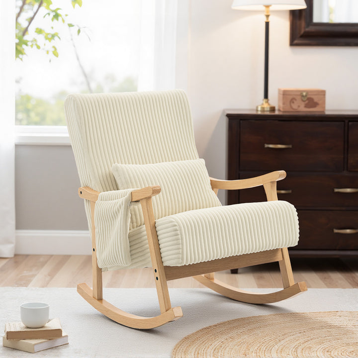 Cadeira de Baloiço, Cadeira de Veludo Cotelê com Almofada Lombar, Pés e Braços em Madeira, Assento Largo, Bolso Lateral, Estilo Moderno, Cadeira de Relaxamento, Suporta até 120 kg, para Quarto ou Sala, Bege