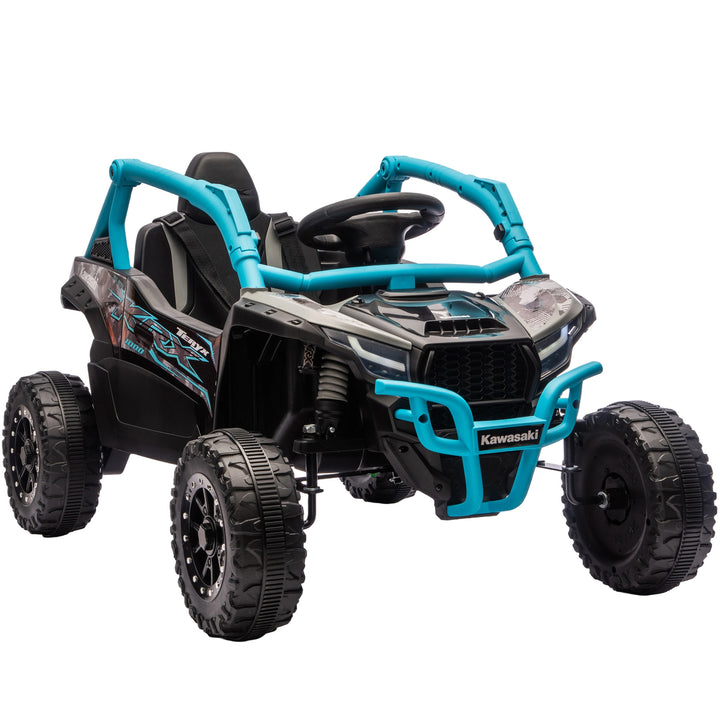 Carro Elétrico para Crianças 12V Kawasaki Teryx KRX 1000 Carro a Bateria UTV com 2 Motores Controlo Remoto 2,4G Suspensão Traseira Faróis USB para Crianças acima de 3 Anos 100x64x56 cm Azul
