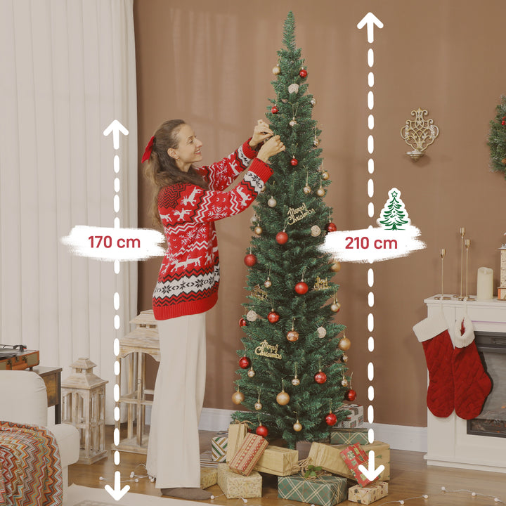 Árvore de Natal Slim 210 cm Árvore de Natal Artificial com 401 Ramos Suporte Metálico Fácil de Montar Decoração para Interior Casa Escritório Verde
