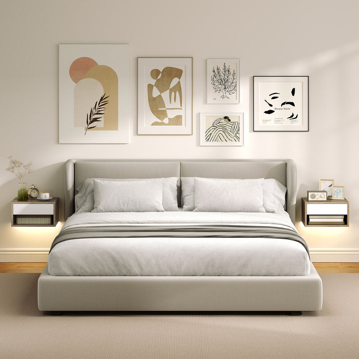 Conjunto de 2 Mesas de Cabeceira Flutuantes com Luzes LED RGB Controlo por APP Mesas de Cabeceira para Quarto com Gaveta Prateleira Aberta 37x32x21 cm Madeira e Branco