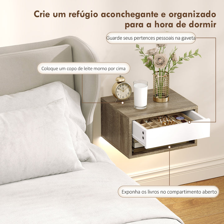 Conjunto de 2 Mesas de Cabeceira Flutuantes com Luzes LED RGB Controlo por APP Mesas de Cabeceira para Quarto com Gaveta Prateleira Aberta 37x32x21 cm Madeira e Branco