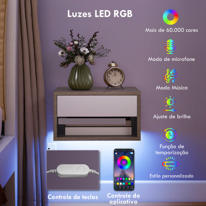 Conjunto de 2 Mesas de Cabeceira Flutuantes com Luzes LED RGB Controlo por APP Mesas de Cabeceira para Quarto com Gaveta Prateleira Aberta 37x32x21 cm Madeira e Branco