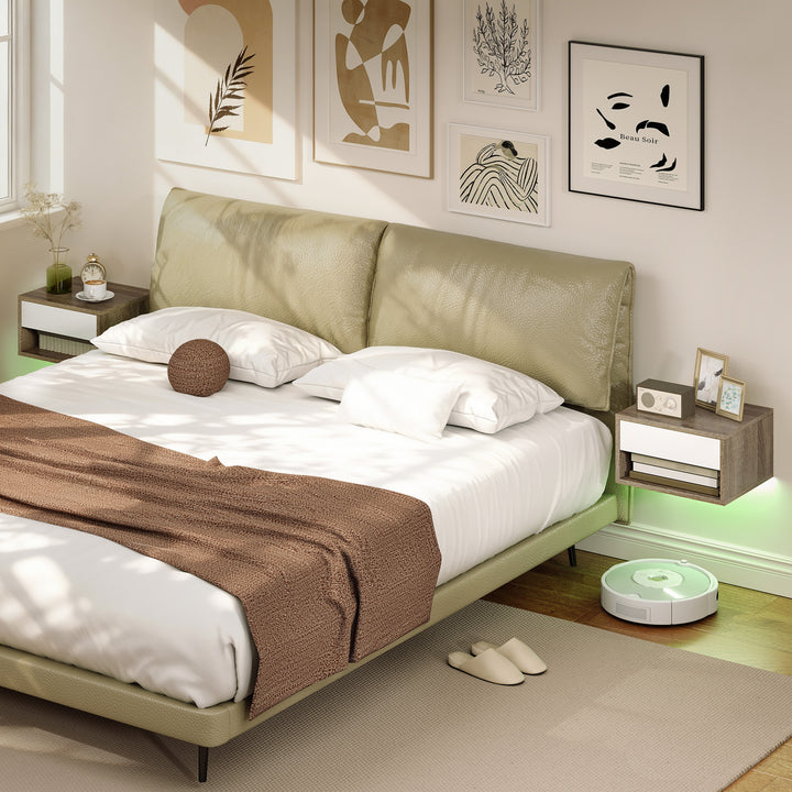 Conjunto de 2 Mesas de Cabeceira Flutuantes com Luzes LED RGB Controlo por APP Mesas de Cabeceira para Quarto com Gaveta Prateleira Aberta 37x32x21 cm Madeira e Branco