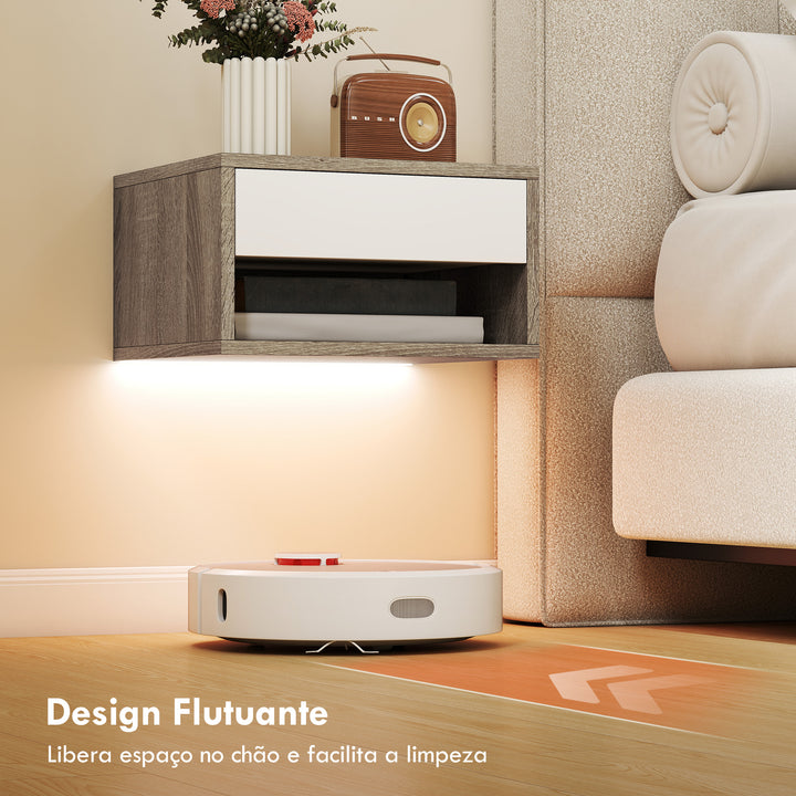 Conjunto de 2 Mesas de Cabeceira Flutuantes com Luzes LED RGB Controlo por APP Mesas de Cabeceira para Quarto com Gaveta Prateleira Aberta 37x32x21 cm Madeira e Branco