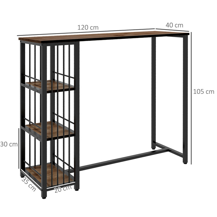 Mesa Alta de Cozinha com 3 Prateleiras Mesa de Bar Retangular para 2 Pessoas Pés de Aço para Sala Sala de Jantar 120x40x105 cm Castanho e Preto