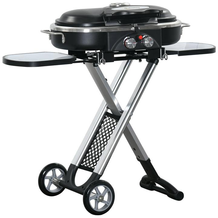 Barbecue a Gás Dobrável com 2 Queimadores 2,34 KW Barbecue a Gás com 2 Rodas 2 Grelhas Metálicas e 2 Mesas Laterais para Piquenique Campismo 100x41,6x82,5 cm Preto