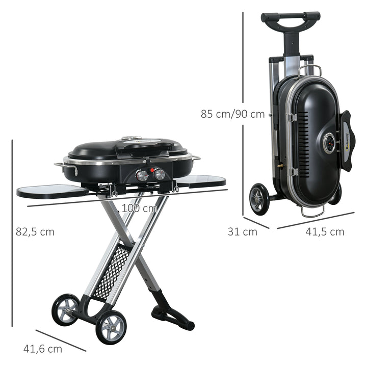 Barbecue a Gás Dobrável com 2 Queimadores 2,34 KW Barbecue a Gás com 2 Rodas 2 Grelhas Metálicas e 2 Mesas Laterais para Piquenique Campismo 100x41,6x82,5 cm Preto