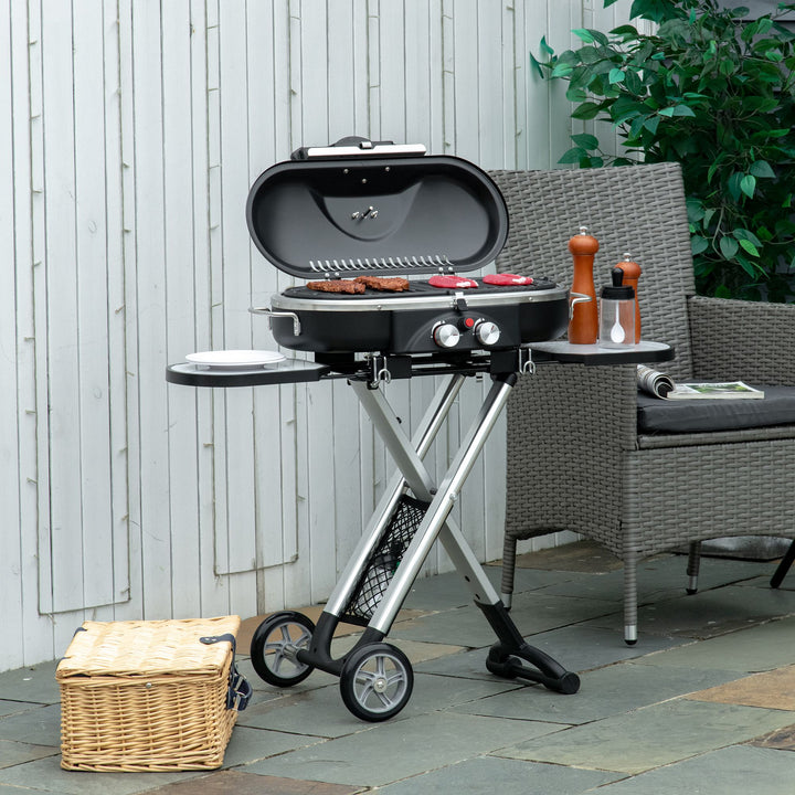 Barbecue a Gás Dobrável com 2 Queimadores 2,34 KW Barbecue a Gás com 2 Rodas 2 Grelhas Metálicas e 2 Mesas Laterais para Piquenique Campismo 100x41,6x82,5 cm Preto