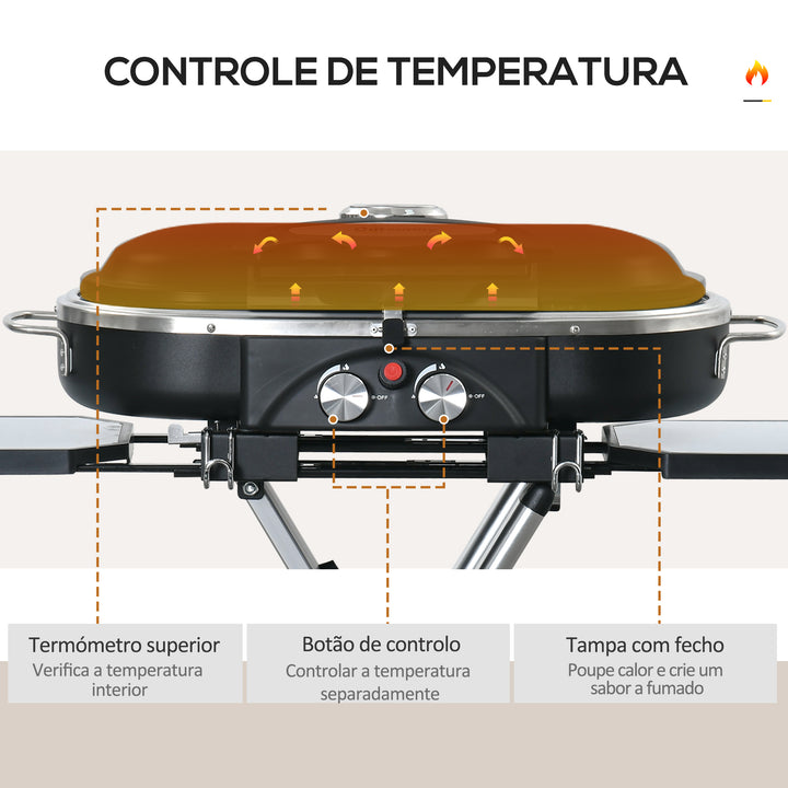 Barbecue a Gás Dobrável com 2 Queimadores 2,34 KW Barbecue a Gás com 2 Rodas 2 Grelhas Metálicas e 2 Mesas Laterais para Piquenique Campismo 100x41,6x82,5 cm Preto