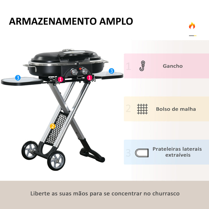 Barbecue a Gás Dobrável com 2 Queimadores 2,34 KW Barbecue a Gás com 2 Rodas 2 Grelhas Metálicas e 2 Mesas Laterais para Piquenique Campismo 100x41,6x82,5 cm Preto
