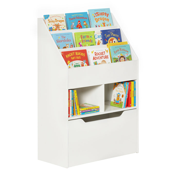 Estante de Madeira para Brinquedos com 3 Compartimentos 2 Cubos e Gaveta Móvel com 4 Rodas Estante para Livros Infantil para Dormitório Infantil Sala de Jogos 60x29,9x90cm Branco