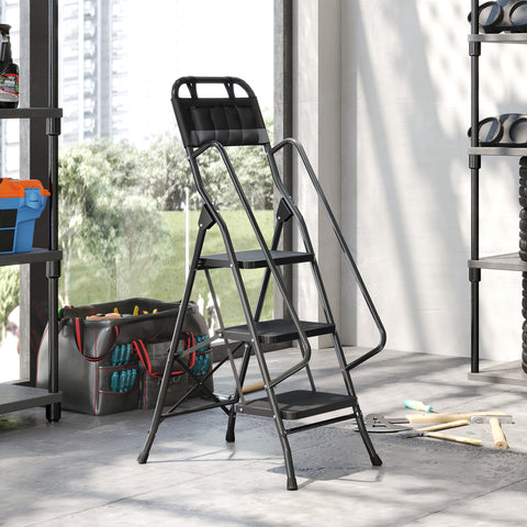 Escada Dobrável com 3 Degraus Escada de Metal com Apoio para os Braços e Suporte para Ferramentas Carga Máxima 150 kg 49x66x136 cm Preto