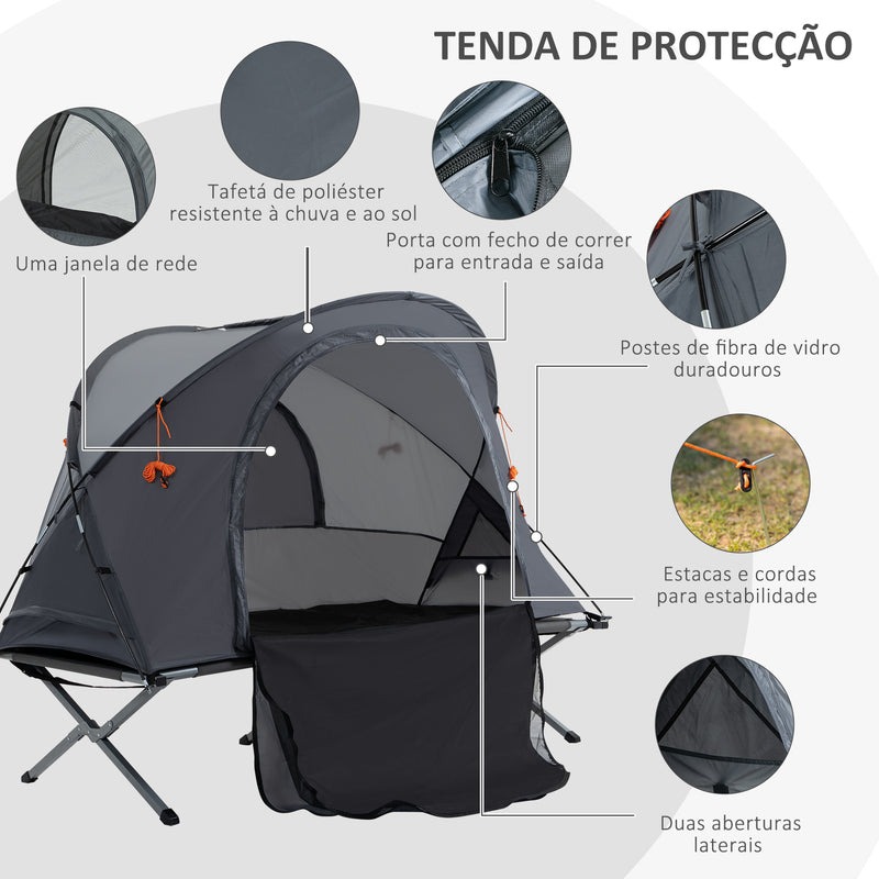 Cama de Campismo Dobrável 3 em 1 Cama de Campismo Elevada com Tenda Colchão Insuflável e Bolsa de Transporte para Trilha 200x86x147 Cinza