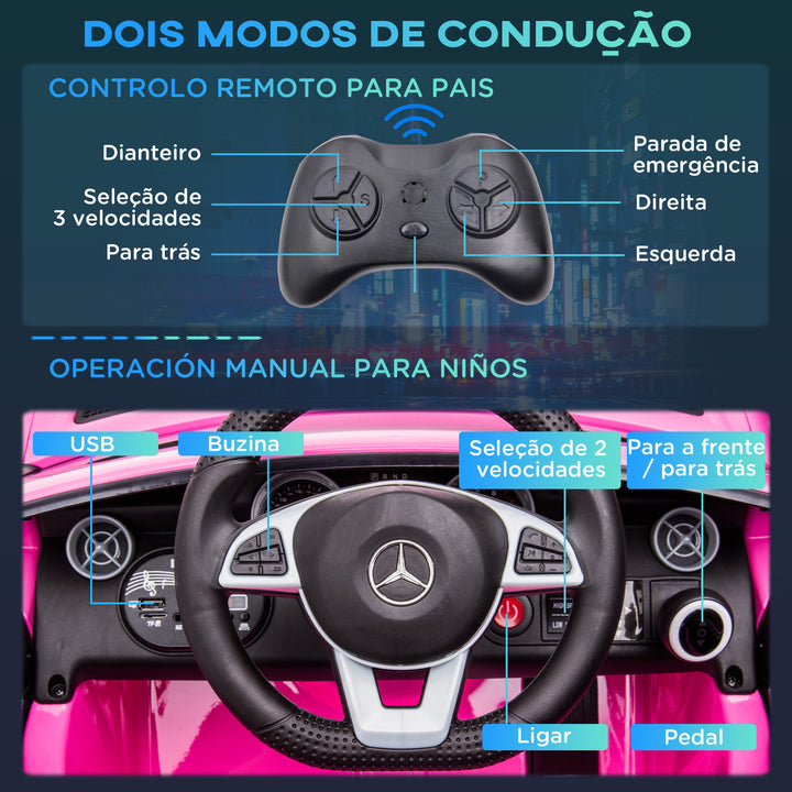 Carro Elétrico Mercedes SLC 300 12V para Crianças de 3-6 Anos com Controlo Remoto Faróis LED Buzina Música TF USB e Abertura da Porta 3-5km/h 107x62,5x44cm Rosa