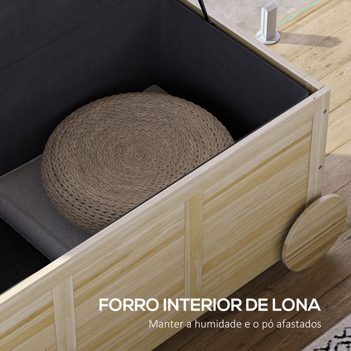 Baú de Arrumação Exterior 185L Baú de Jardim de Madeira Impermeável com Tampa Amovível 2 Rodas Cordas de Linho Dobradiças Metálicas e Forro Interno 110x50x50 cm Madeira