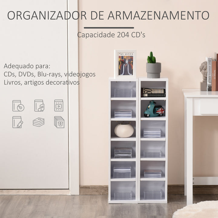 Estante para CD ou DVD Suporte para CD com 12 Compartimentos para 204 CDs e Prateleira Ajustável para Sala de Estar Dormitório Escritório 2 Unidades 21x22,5x88,5cm Branco
