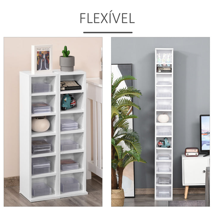 Estante para CD ou DVD Suporte para CD com 12 Compartimentos para 204 CDs e Prateleira Ajustável para Sala de Estar Dormitório Escritório 2 Unidades 21x22,5x88,5cm Branco