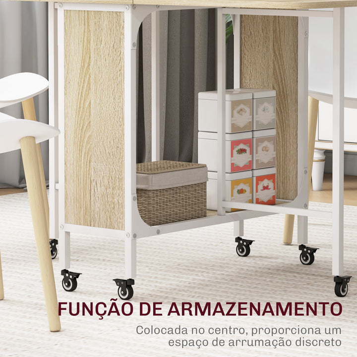 Mesa de Cozinha Dobrável Mesa de Refeição Dobrável com Rodas Laterais Abatíveis e Prateleira Mesa Dobrável para Sala de Jantar 130x80x74 cm Madeira e Branco