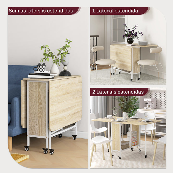 Mesa de Cozinha Dobrável Mesa de Refeição Dobrável com Rodas Laterais Abatíveis e Prateleira Mesa Dobrável para Sala de Jantar 130x80x74 cm Madeira e Branco