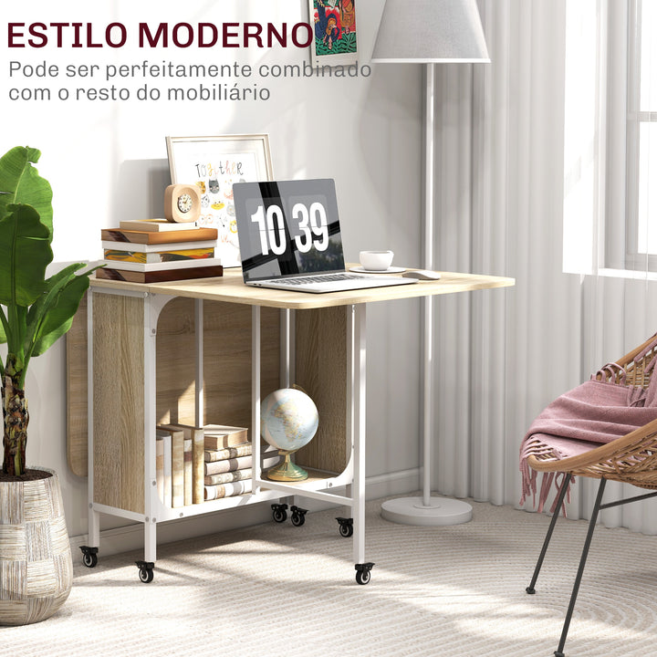 Mesa de Cozinha Dobrável Mesa de Refeição Dobrável com Rodas Laterais Abatíveis e Prateleira Mesa Dobrável para Sala de Jantar 130x80x74 cm Madeira e Branco