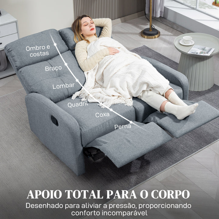 Sofá de 2 Lugares Reclinável Manual Sofá Relax Estofado em Linho com Apoio para Pés Molas e Almofada Espessa para Quarto Sala de Estar 118x95x101 cm Cinzento