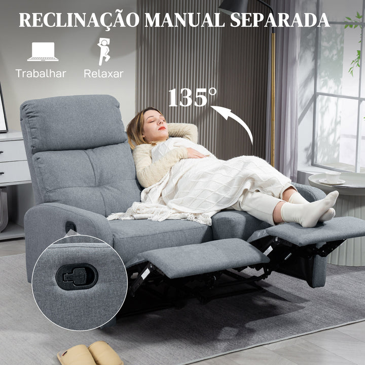 Sofá de 2 Lugares Reclinável Manual Sofá Relax Estofado em Linho com Apoio para Pés Molas e Almofada Espessa para Quarto Sala de Estar 118x95x101 cm Cinzento