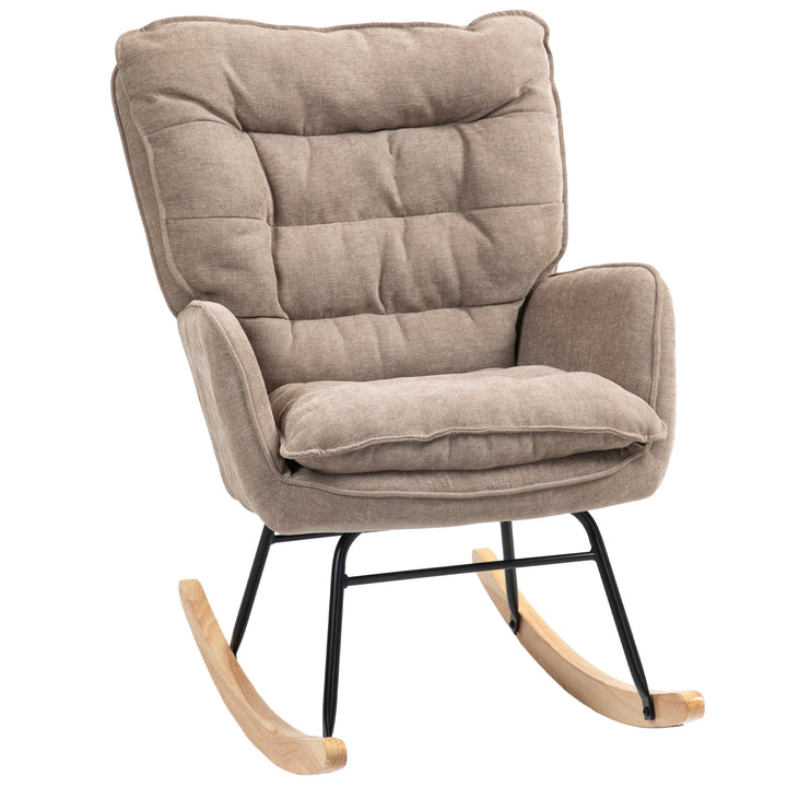 Poltrona de Baloiço Moderna Estofada em Chenilha Poltrona de Lactância com Encosto Largo Acolchoamento Espesso Pernas de Madeira Apoios de Braço 71x98,5x97 cm Castanho