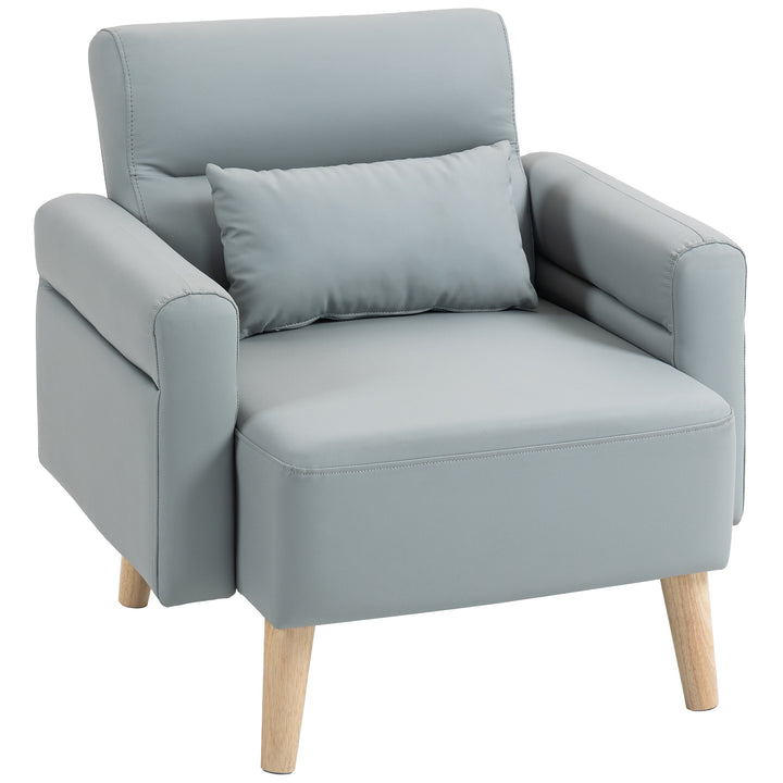 Poltrona Moderna Estofada em Couro Sintético com Apoios de Braço Acolchoados Encosto com Costuras e Pés em Madeira para Dormitório 77x78x78 cm Cinzento
