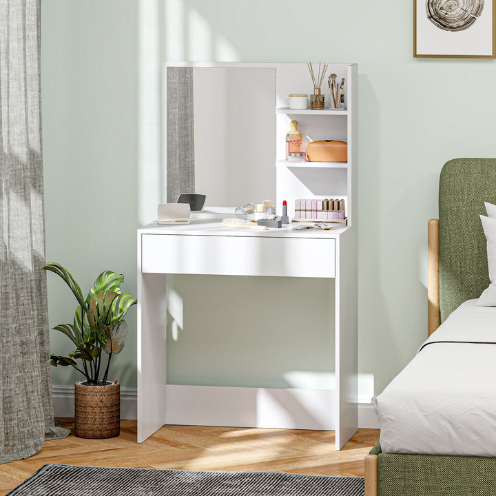 Toucador de Maquilhagem com Espelho Mesa de Maquilhagem com Gaveta e Prateleiras Abertas Toucador para Dormitório 75x40x137 cm Branco