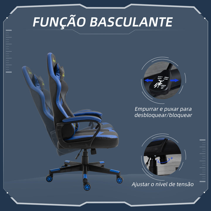 Cadeira ergonômica gaming de escritório Altura ajustável basculante com apoio de cabeça giratorio 61x70x121-129 azul